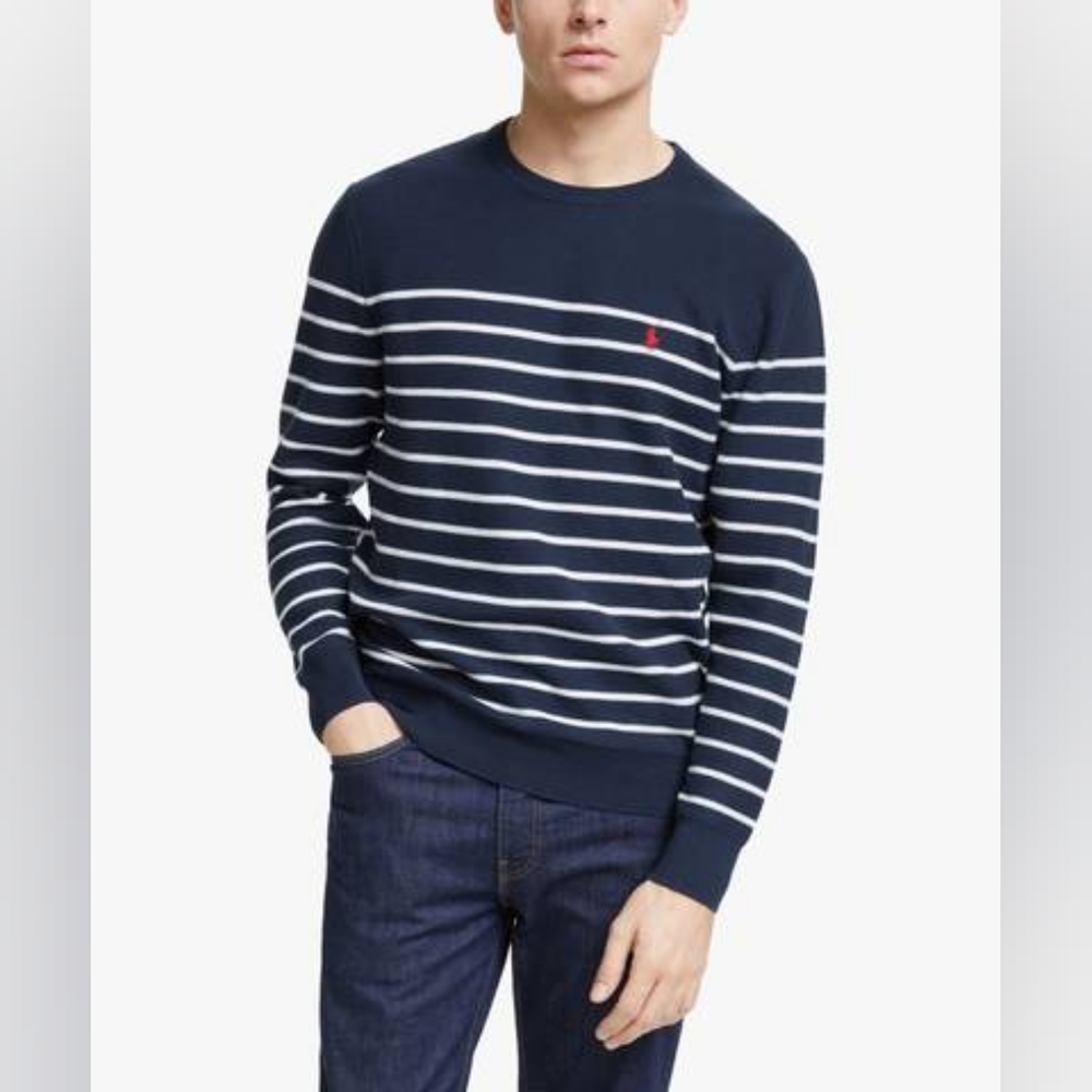 Polo Ralph Lauren Navy Orange Logo Striped Cotton Knit Sweater Men’s Large L